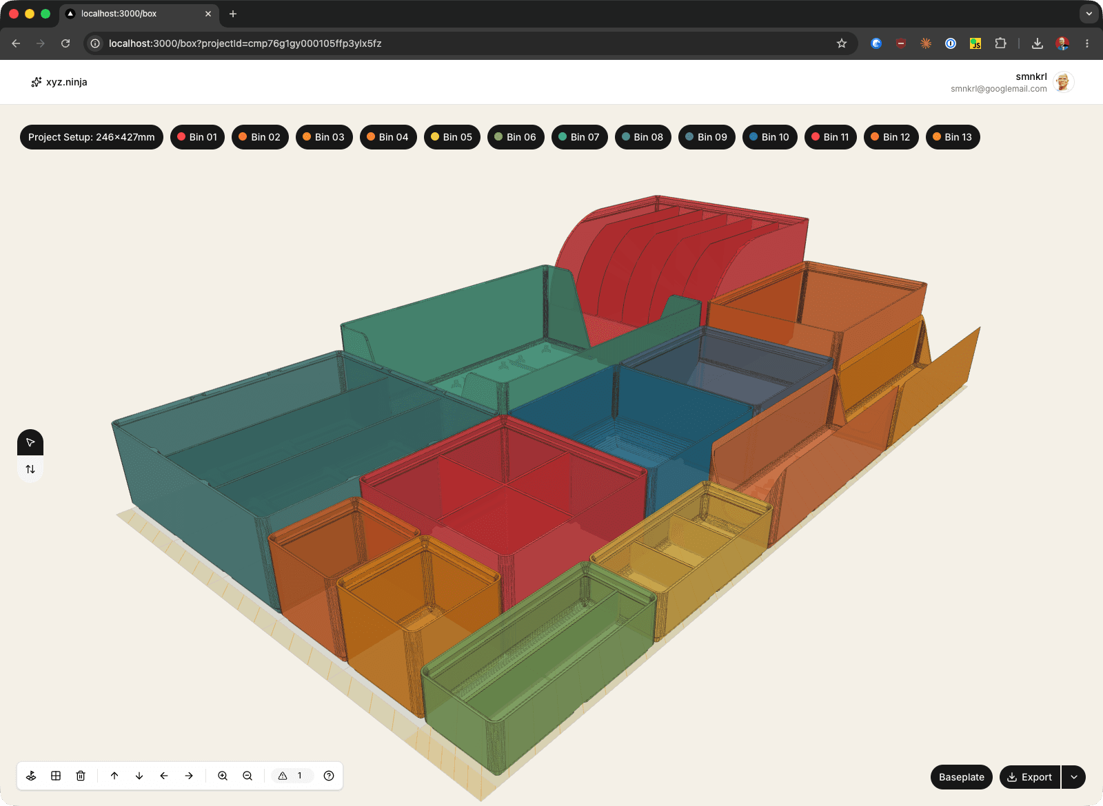 SCAD module preview showing a grid layout of colored objects in the 3D stage